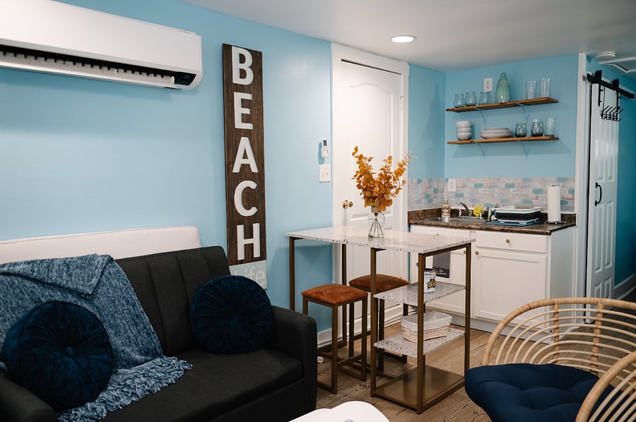 Kitchenette with Island table and 2 bar stools to enjoy your meals