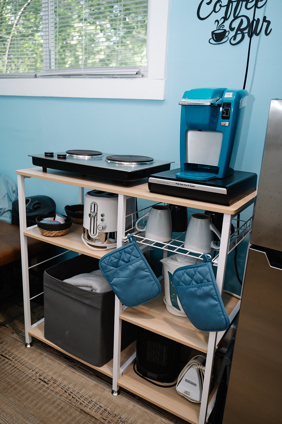 Keurig coffee maker. Hot plate. Toaster. Electric hot water kettle. Starter coffee bar supplies.