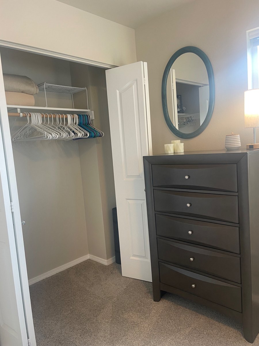 Queen Bed, dresser, closet & hangers