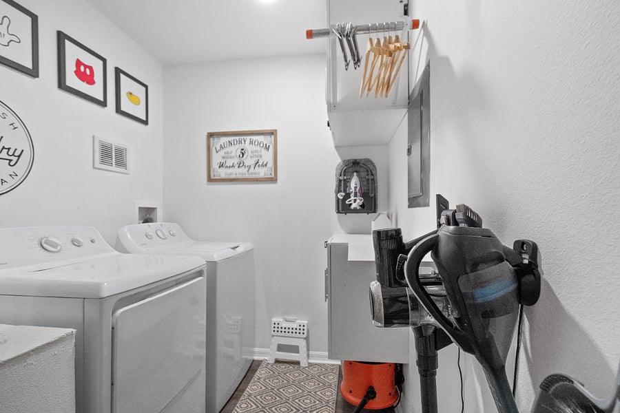Full washer/dryer. Portable fan, floor vacuum, hand held vacuum.