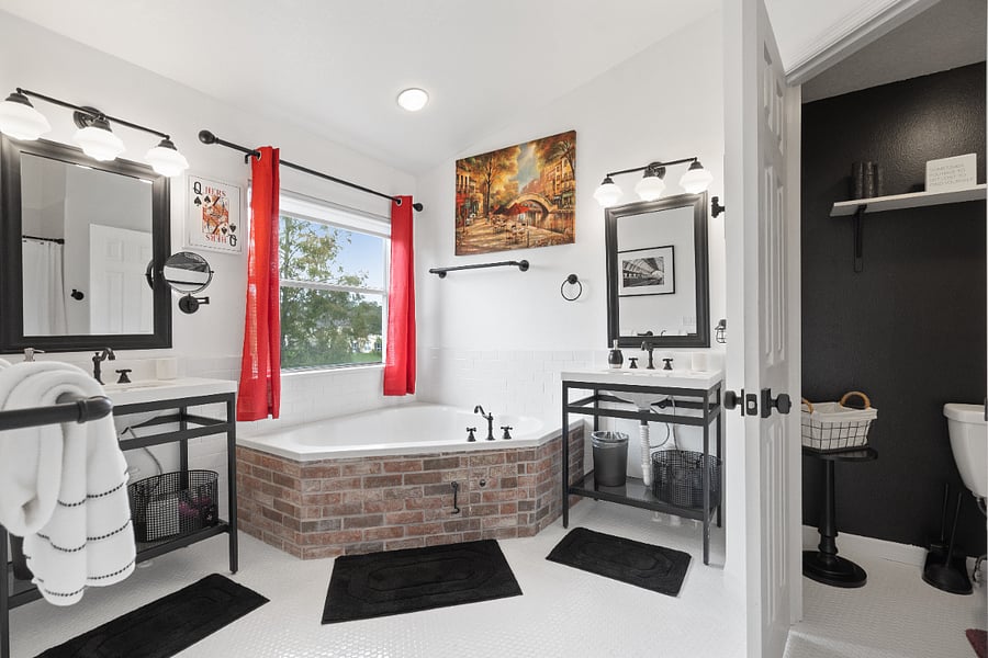 Separate vanities provide extra space and convenience for couples and families.