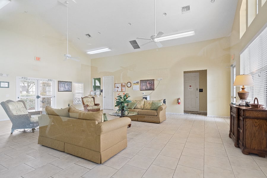 Community clubhouse and swimming pool available to residents and guests.