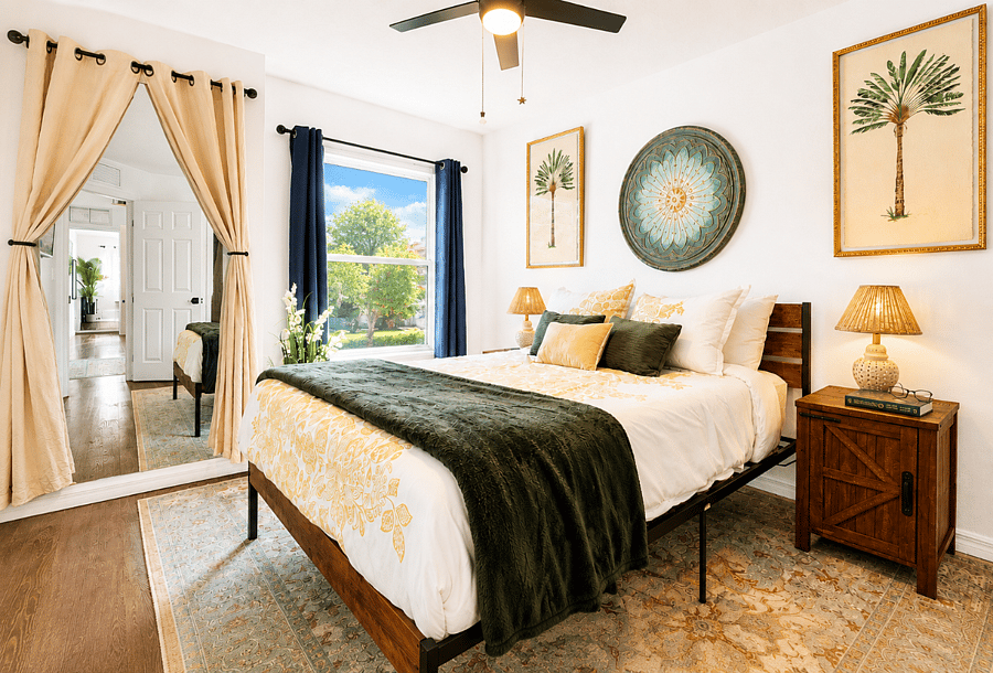 Private upstairs queen bedroom with dresser and full-length mirror.
