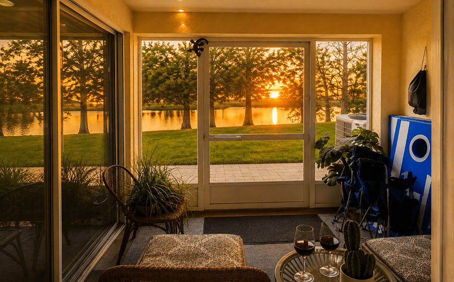 Screened private patio overlooking the lake a quiet outdoor space to relax after work or school.