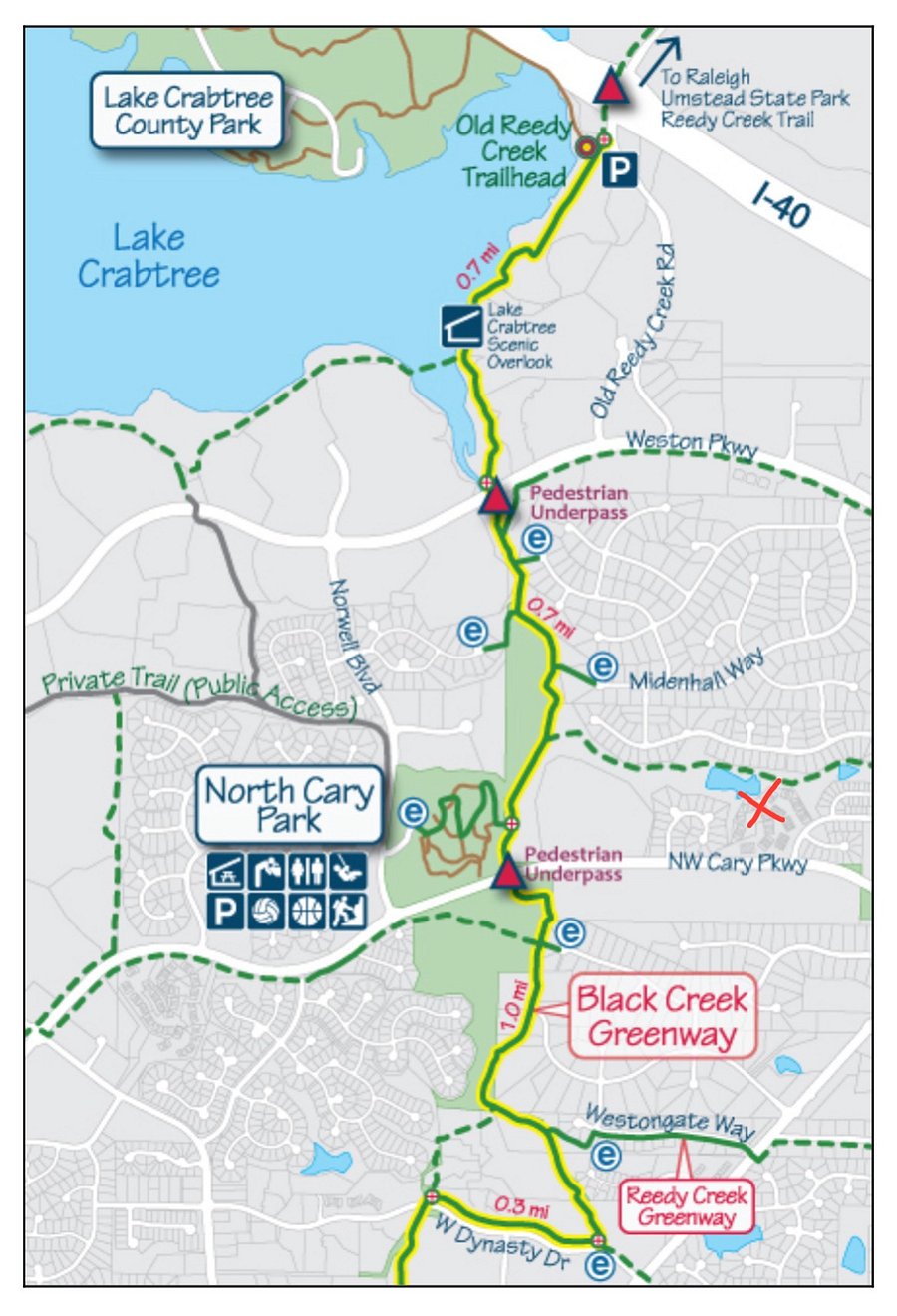 The Black Creek Greenway trail map, with the studio apartment marked with a red X