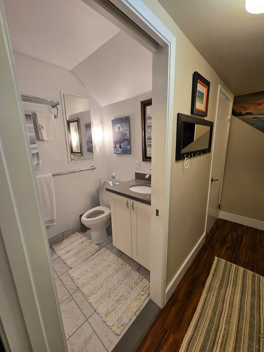 Downstairs bath with curbless shower