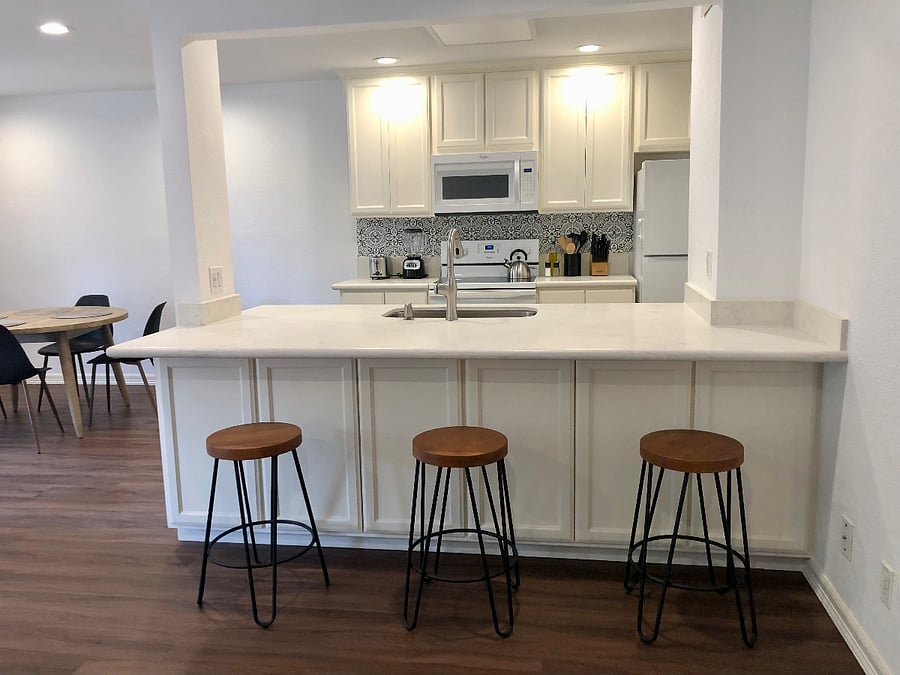 Full kitchen, full size refrigerator, stove/ oven and dishwasher.