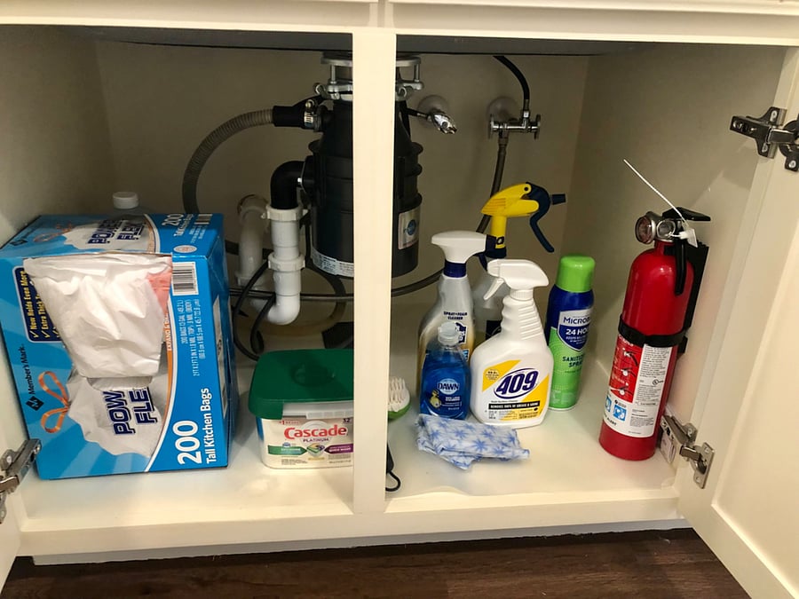 Basic cleaning supplies and trash bags supplied.