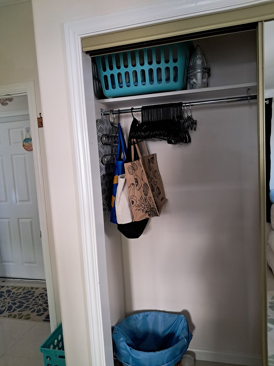 closet, hangers, shopping bags, iron and ironing board.