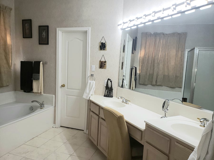 Double vanity with a walk-in closet in the master bedroom downstairs.