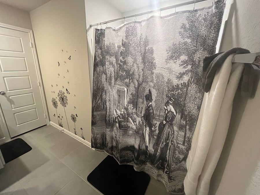 Guests love this French Revolution shower curtain with dandelions.