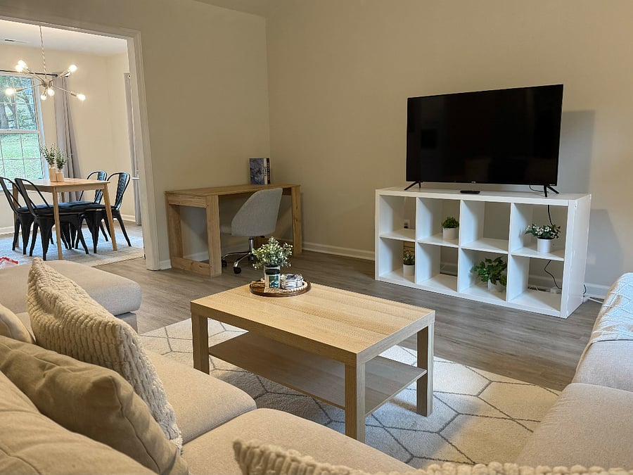 Update: Last picture of living room shows updated furniture. New office desk was changed out with a larger one. TV was changed to a larger 50" Roku TV.