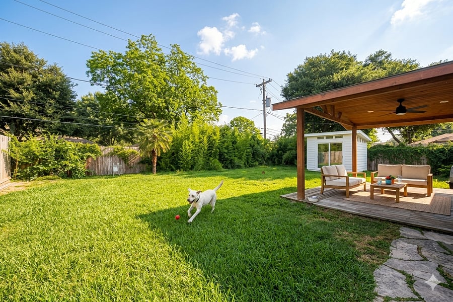 Large fenced backyard with a covered deck, great for relaxing or giving pets a safe outdoor space.