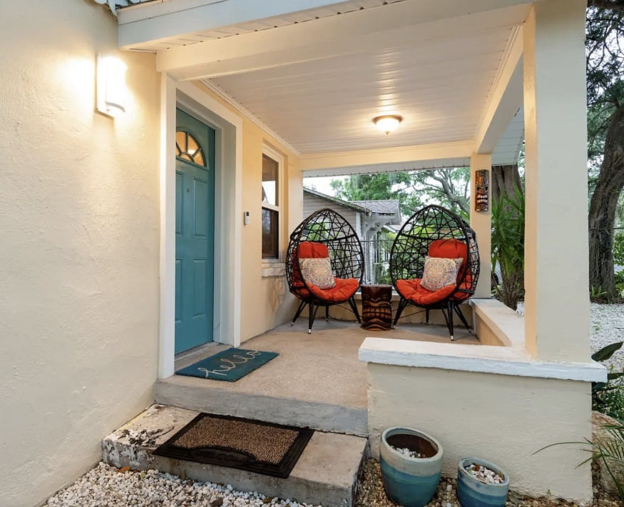 The front porch is perfect for cozying up in the egg chairs with your cup of tea or coffee in the mornings.
The front porch is perfect for cozying up in the egg chairs with your cup of tea or coffee in the mornings.
