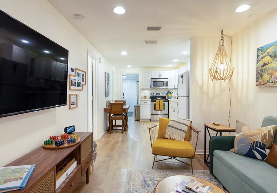 Living features: Seating for 5, and 2 small stools as extra seats King Size convertible sofa bed Roku TV with all streaming apps Wireless charger on end table USB outlet on left side of sofa Games & cards in TV console St. Aug info books