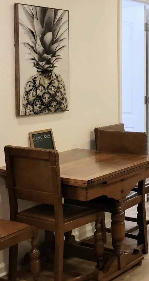 Fully stocked kitchen with: Great quality pots, pans & utensils Broad variety of spices Blender Coffee maker with full pot & K-cup feature Variety of teas Dishwasher Dinette table that unfolds to seat 4