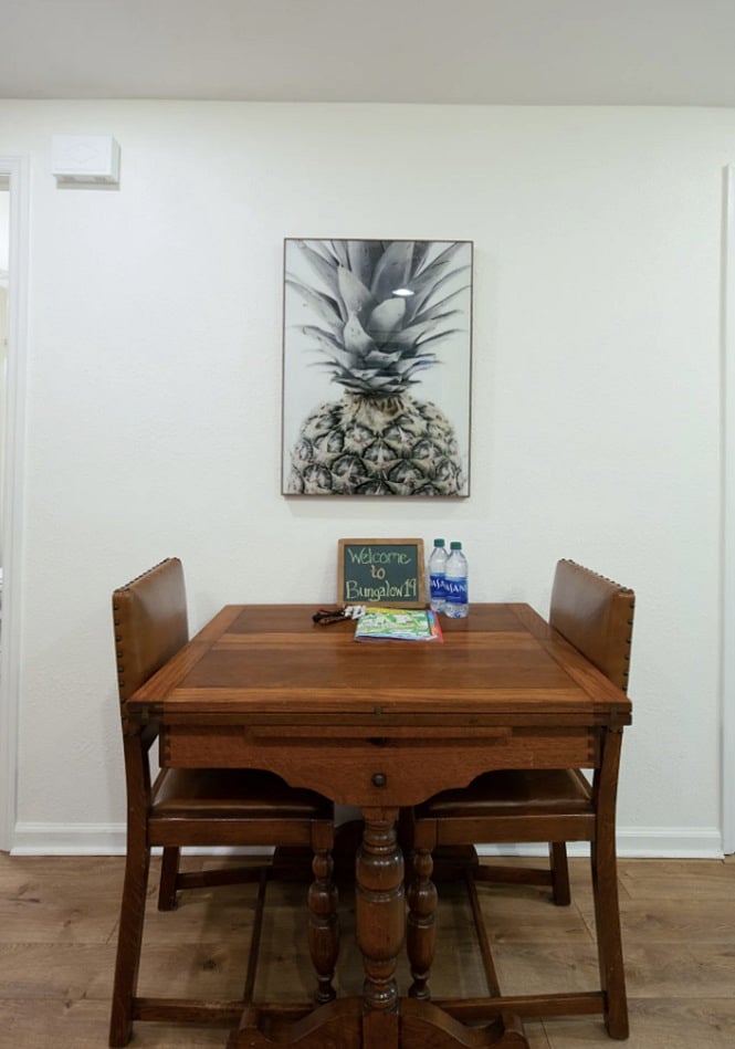 Fully stocked kitchen with: Great quality pots, pans & utensils Broad variety of spices Blender Coffee maker with full pot & K-cup feature Variety of teas Dishwasher Dinette table that unfolds to seat 4