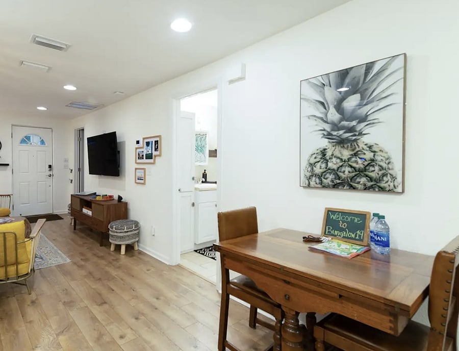 Fully stocked kitchen with: Great quality pots, pans & utensils Broad variety of spices Blender Coffee maker with full pot & K-cup feature Variety of teas Dishwasher Dinette table that unfolds to seat 4