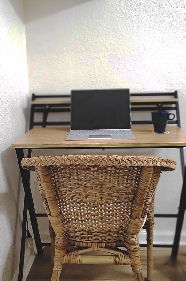 Second bedroom features: The folding desk is located in the front bedroom closet and is easy to set up for a working space for those of you who are remote workers.