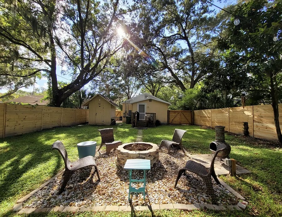 Cozy up next to the toasty firepit under the cafe lights at night. Each booking includes a starter log. For convenience, bundles of wood are in the YELLOW shed & available for purchase. Or you can buy some at Winn Dixie up the street. Enjoy!