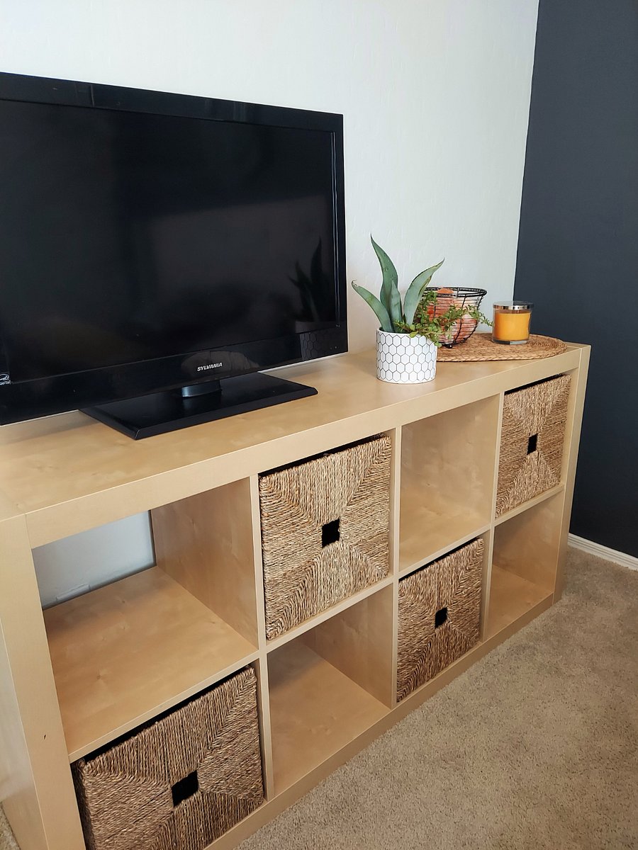 Bedroom storage and TV. Plants, salt lamp and candle make your room more relaxing