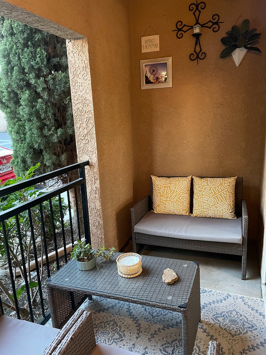 Personal patio with storage closet.