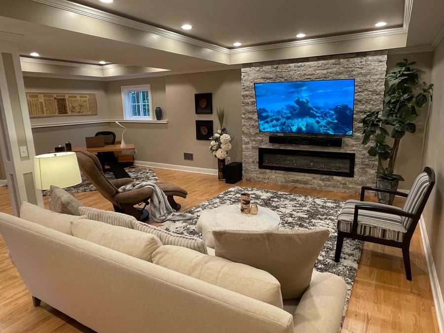 A living room in the basement