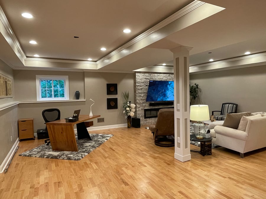 A living room in the basement
