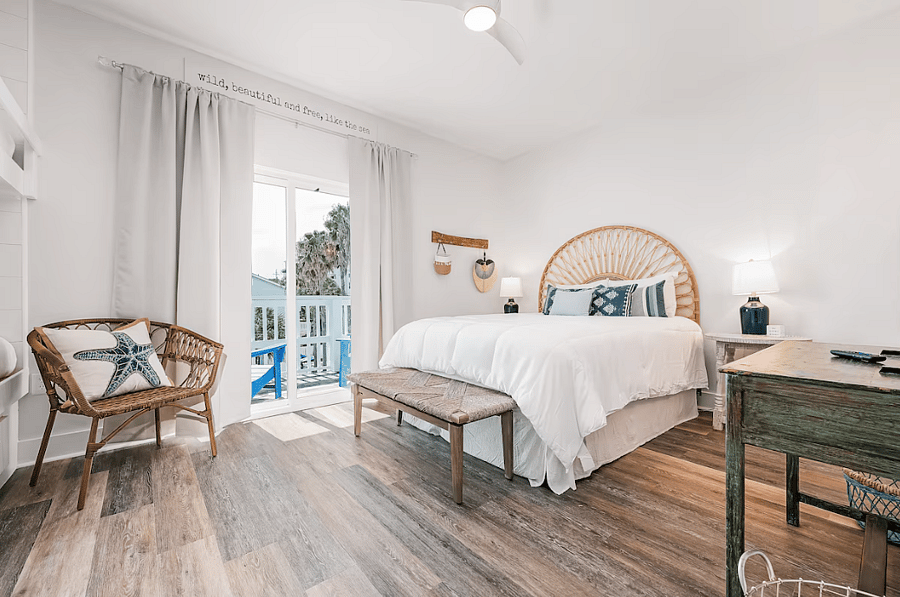 Bedroom #2 with queen size bed, bunk bed (two twins), sink in room, walk in closet and private balcony
