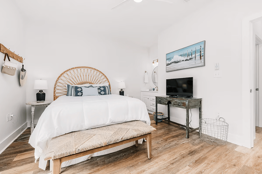 Bedroom #2 with queen size bed, bunk bed (two twins), sink in room, walk in closet and private balcony