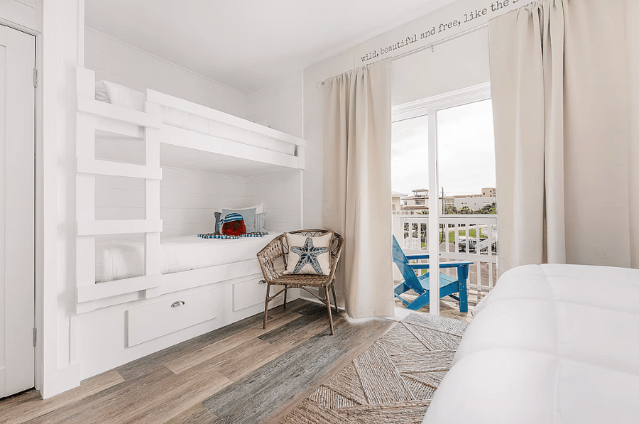 Bedroom #2 with queen size bed, bunk bed (two twins), sink in room, walk in closet and private balcony