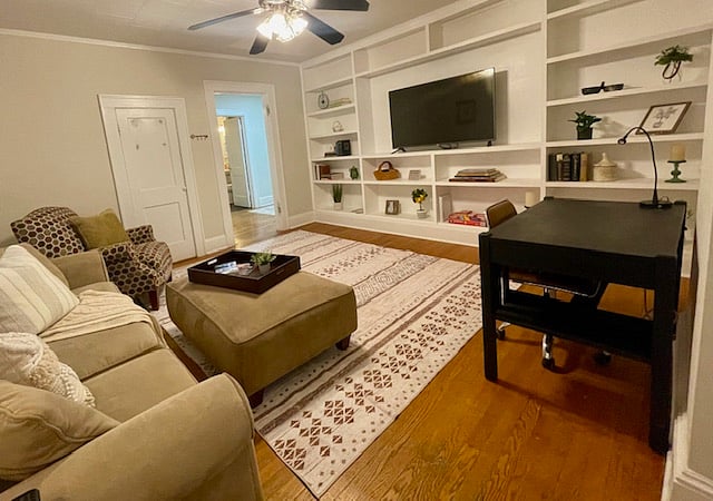Large living room with 55" smart tv, puzzles and board games for all. Dedicated work station.