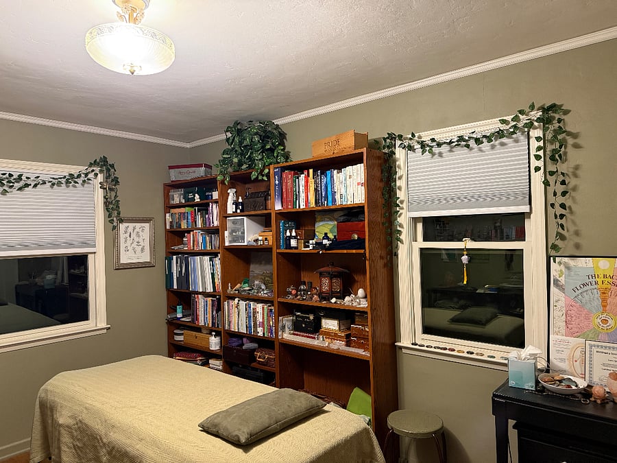 This is a Healing Room in our home that is available by special arrangement. It has a massage table with a therapeutic Biomat relaxation device. Great stress reliever.