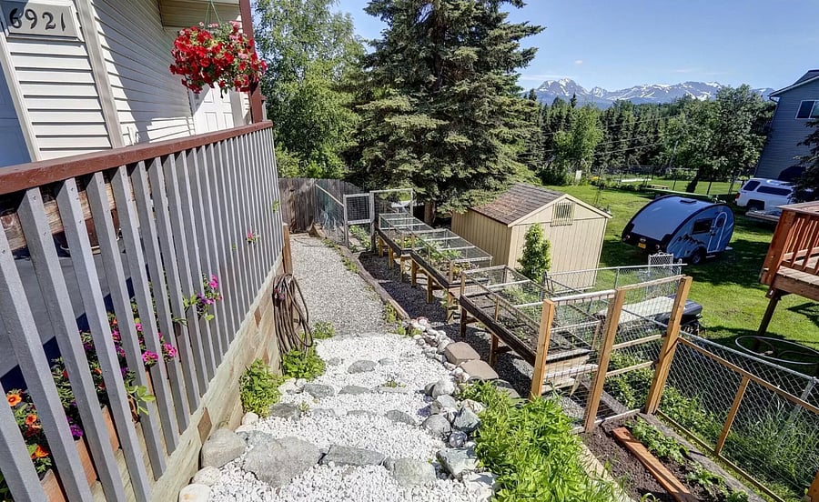 Walkway and side garden area.