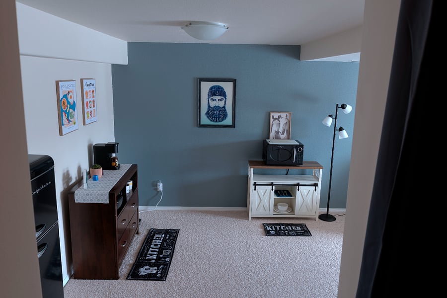 UPDATED furnishings : Microwave on coffee bar, refrigerator.