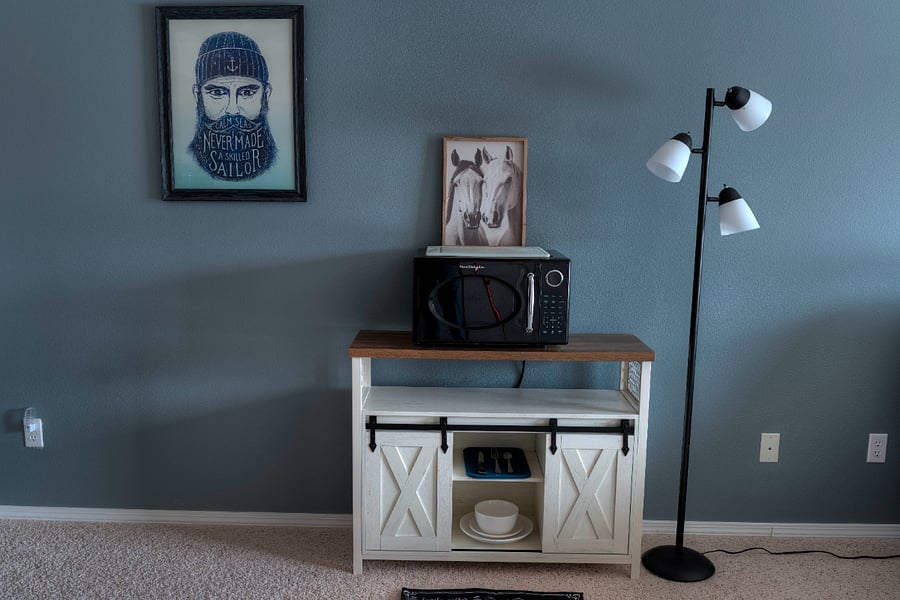 UPDATED furnishings : Microwave, coffee bar and dishes.