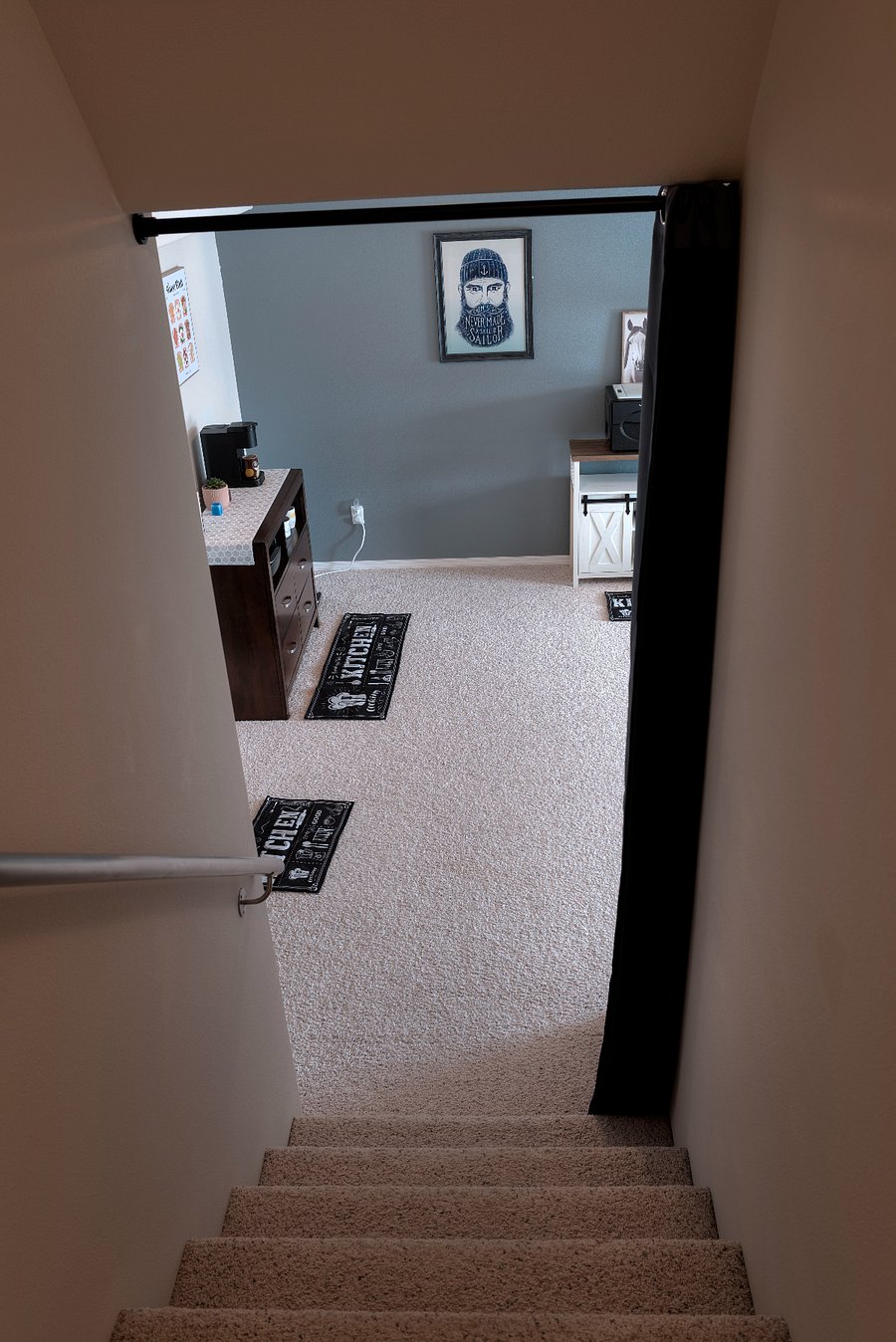 UPDATED furnishings : Privacy curtain and mircrowave on the coffee bar.