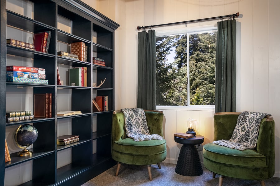Library + board game and cozy nook