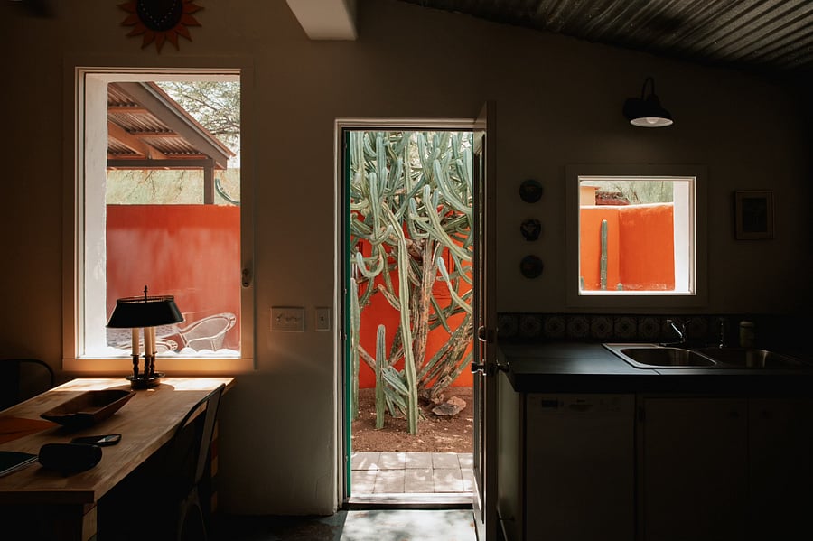 Kitchen looking out to outside private patio