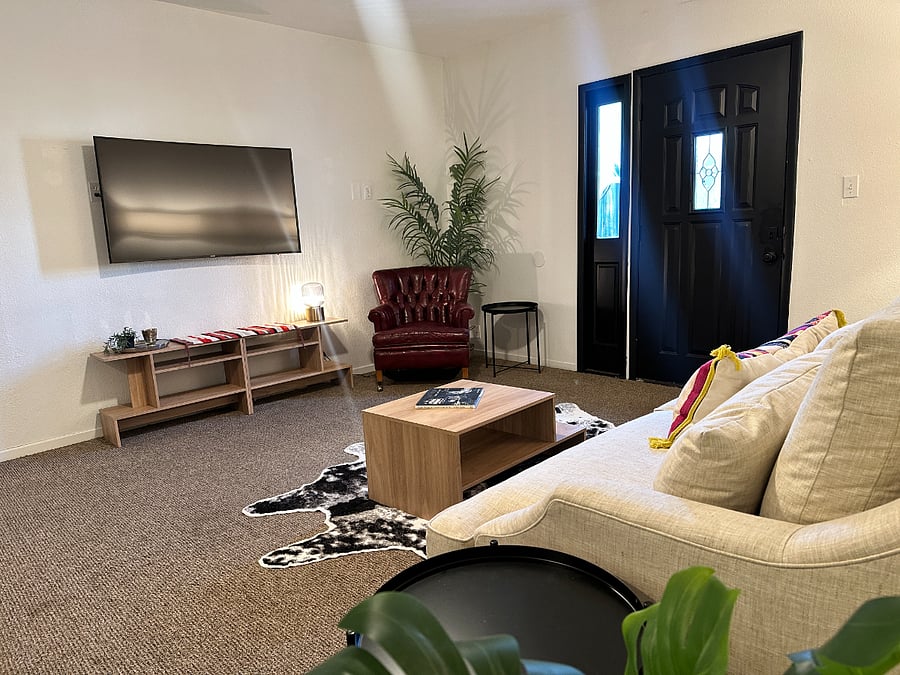 TV room with full-size couch and Roku for streaming services.
