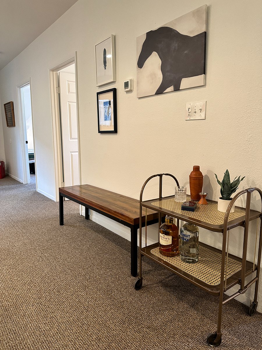 Comfortable bench and rolling bar.