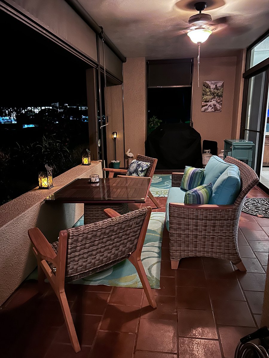 Evenings on the lanai with the resort lights and Whaler's Village in the distance.