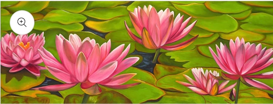 Anna Keay's Lotus Pond installed above the bed in the master bedroom.