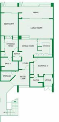 This is the layout of the condo.  All of the condos originally had a lanai attached to the guest room with a sliding glass door.  C102 has turned the outdoor lanai into the sitting area attached to the guest room.