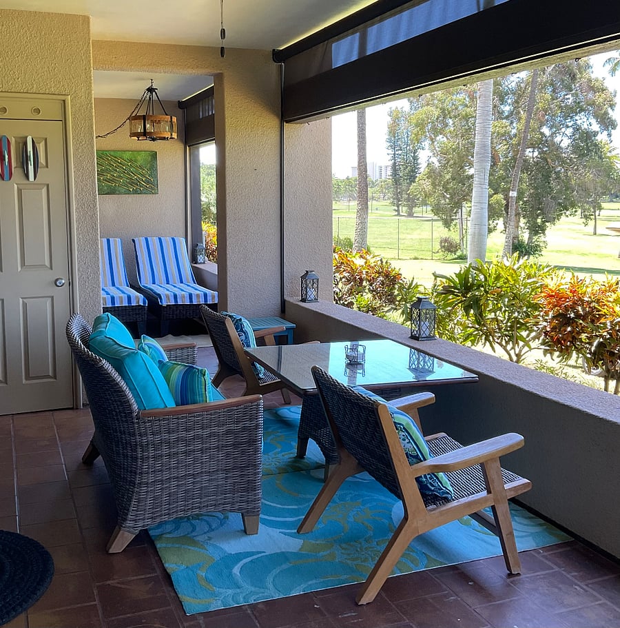Morning on the lanai before the sun crosses the roof line.  