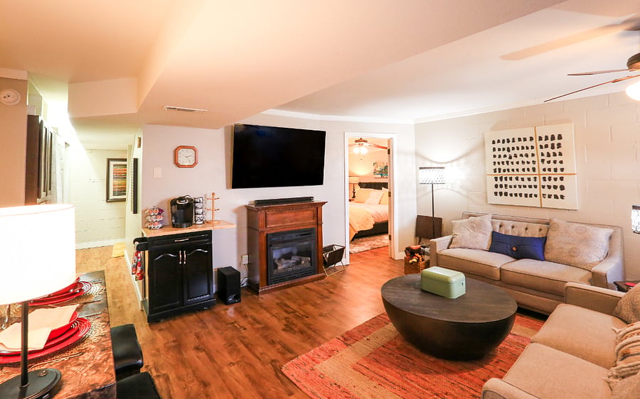 Coffee bar adjacent to kitchen and living space.