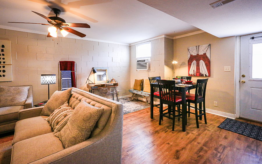 Inviting work space with desk and dining area.