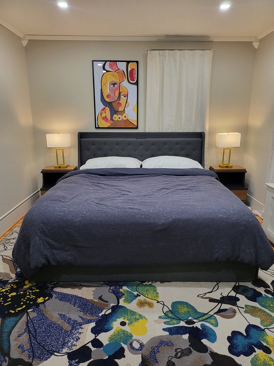 King size bed with additional three prong plug and USB ports. Touch activated lamps with additional USB ports. Air conditioner during summer months.
