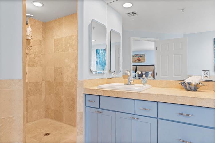 Travertine walk in shower