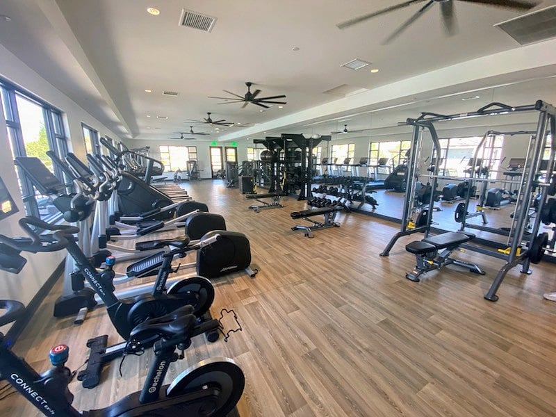 Fitness Center with weights, treadmills, stair climber, cycling, TRX system, circuit machines.